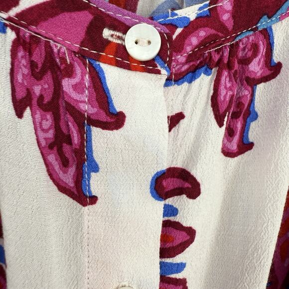 Karen Kane Top Pink Floral Puff Sleeve Button up Crepe Tropical - Picture 5 of 10